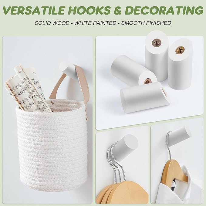 Wood Wall Hooks, 4 Pack Coat Hooks Wall Mounted, Rustic Wooden Heavy Duty Robe Hook Hat Rack, Hook for Hanging Bathroom Towels Clothes Hanger (White)