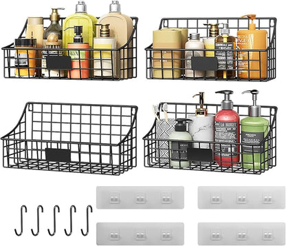 Hanging Wall Wire Basket-4Pack,Large Metal Organizer Baskets & Bathroom Shower Shelf with 4 Adhesive Hooks+5 S Hook, Wall Mounted Baskets & Shelves for Bathroom, Kitchen Storage