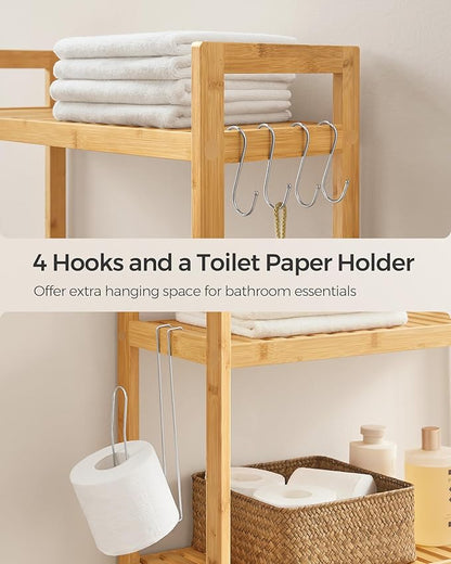 SONGMICS Over The Toilet Storage, 3-Tier Over Toilet Bathroom Organizer with Adjustable Shelf, 10.2 x 24.8 x 66.9 Inches, Space-Saving, Natural Beige UBTS001N01