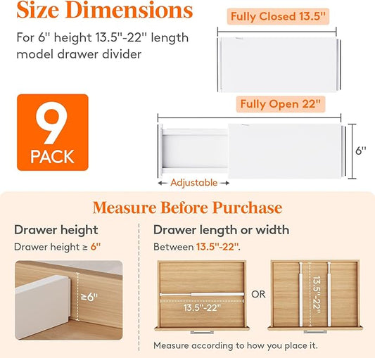 Lifewit 9 Pack Drawer Dividers Plastic 6" High, 13.5-22" Adjustable Drawer Organizers for Clothes, Expandable Dresser Separators in Bedroom/Bathroom/Kitchen/Office Organization and Storage, PLS6