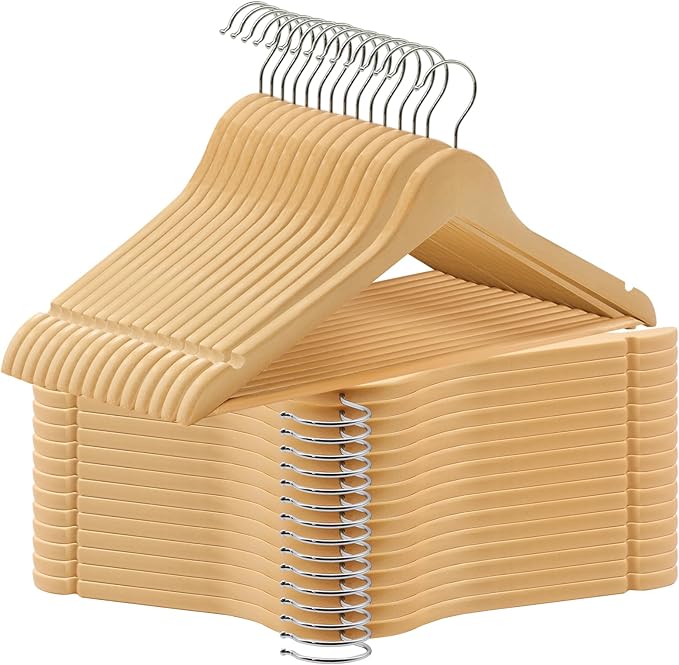 ABHENG 30 Pack Wooden Coat Hangers, 360° Swivel Hook, Suit Hangers with Anti-Slip Notches, Clothes Hangers for Jackets, Shirts, Dress, Natural UAWY0530N