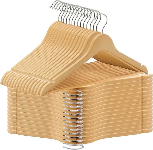 ABHENG 30 Pack Wooden Coat Hangers, 360° Swivel Hook, Suit Hangers with Anti-Slip Notches, Clothes Hangers for Jackets, Shirts, Dress, Natural UAWY0530N