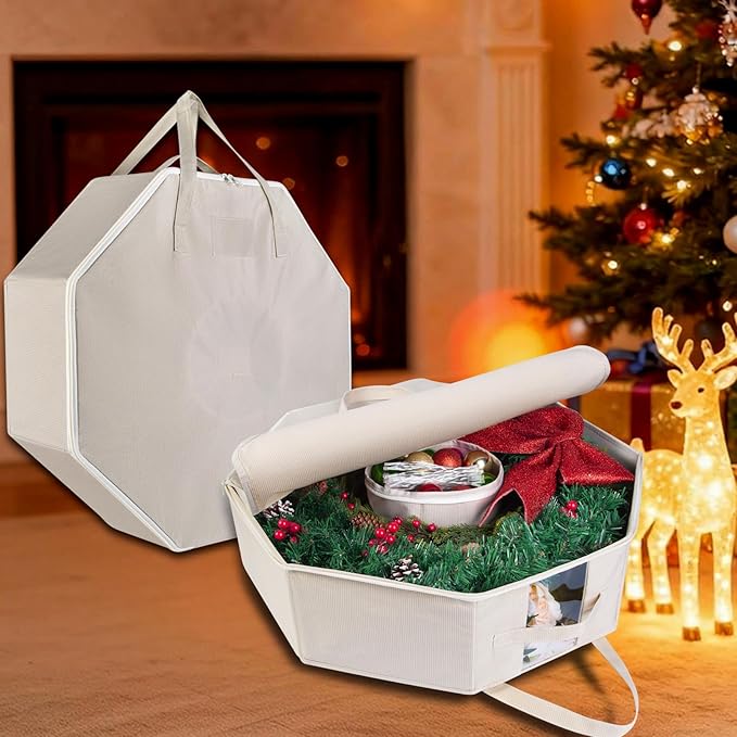 2 Pack Wreath Storage Christmas Garlands Bag with Interior Pockets Large Xmas Container Box for Holiday Decorations Case with Zipper Handles Window Labeling Card Slot 24" Houndstooth