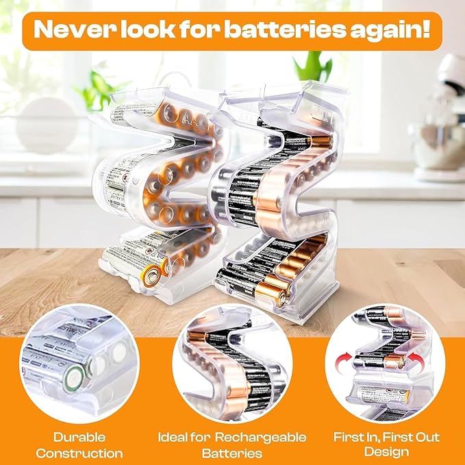 Battery Ladder Organizer Case for AA & AAA Batteries - Stackable or Mounted Vertical Storage Battery Dispenser for Home, Garage, & Workshop (2-Pack, Holds 20 AA & 28 AAA Batteries)