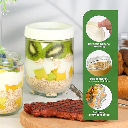 Hoa Kinh Glass Overnight Oats Jars with Lids, 3Pack Leak Proof Small Stackable Glass Jar Kitchen Canisters for Overnight Oats, Cereal, Clear Empty Jars with Lids for Kitchen