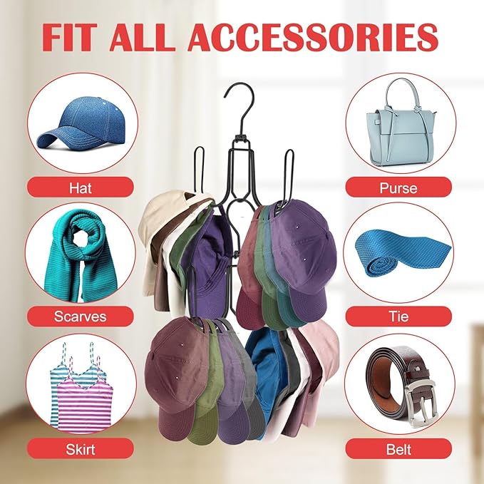 NAKBINX 2 Pack Hat Hanger for Closet, Collapsible Metal Hat Organizer for Baseball Caps, Racks with 4 Big Hooks, 360° Rotation Space Saving Hangers, Better Organizer&Display for Tie, Scarves, Black