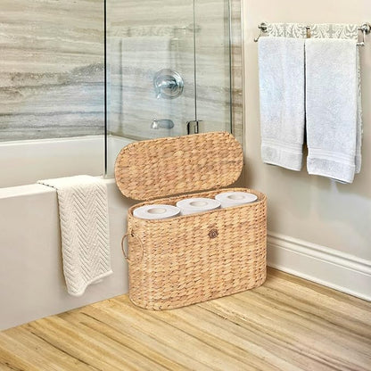 Toilet Paper Storage, Water Hyacinth Baskets with Lid, Toilet Paper Baskets for Storage Holder 6 Rolls, Papers Basket with Built-in Handles for Organizer, Bathroom Accessories Organizer