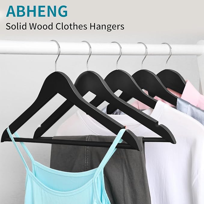 ABHENG 20 Pack Wooden Coat Hangers, 360° Swivel Hook, Suit Hangers with Anti-Slip Notches, Clothes Hangers for Jackets, Shirts, Dress, Black UAWY0520B