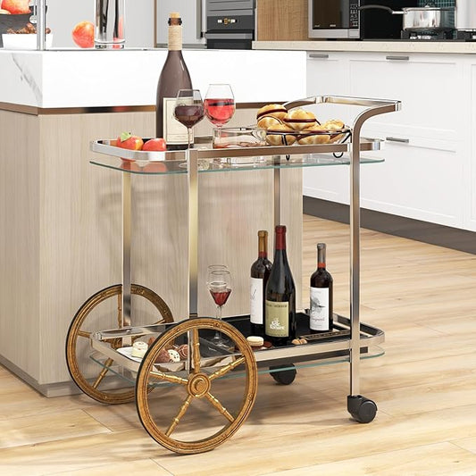 Tangkula Bar Cart for The Home, 2-Tier Rolling Tempered Glass Serving Cart, 2 Large Gold Aluminum Wheels & 2 Casters, Handle, Stainless Steel Frame, Modern Wine Cart for Kitchen Dining Room