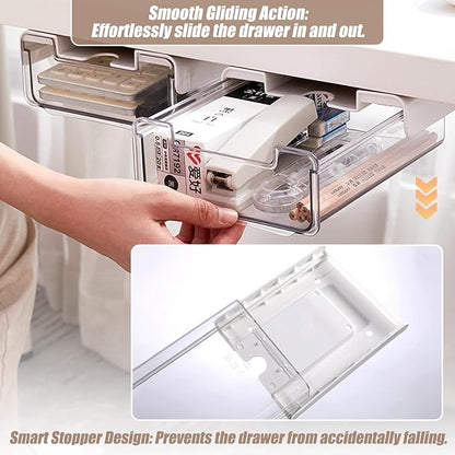 2 Pack Under Desk Storage Drawers Slide Out-Drill-On or Self-Adhesive,Large&Medium Drawer Under Desk Organizer Under Table Drawer for Home Office School Organization and Storage
