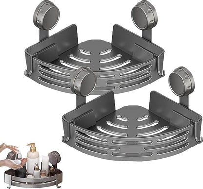 Triangle Suction Cup Shower Caddy, Corner Shower Shelves No Drilling, Aluminum Upgrade Suction Cup Shower Organizer with Towel Bar & Hooks, Heavy-Duty Strong Hold (Gray, 2pcs)