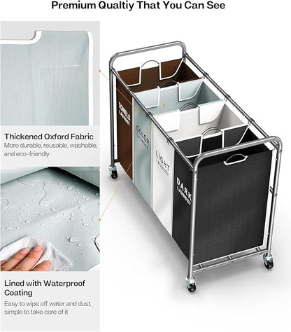 ROMOON Laundry Hamper Sorter Cart: 4-Section Organizer with Heavy-Duty Lockable Wheels and Removable Bags | 172L Rolling Laundry Basket for Dirty Clothes in Laundry Room or Small Spaces (Multicolor)