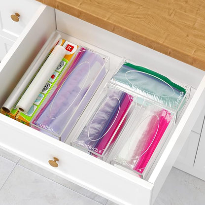 FEMELI Food Bag Storage Organizer, Acrylic Kitchen Drawer Baggie Box, Compatible with Gallon, Slider Quart, Freezer, Sandwich, Snack, Variety Size Bags, 4 separate Pack(Clear)