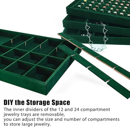 Rocutus Jewelry Trays,3 Pack Stackable Velvet Jewelry Organizer Tray Drawer Jewelry Storage Tray,Divided Ring Organizer Tray for Earrings, Necklaces, Bracelets,13.8"x9.5"x1.2" (Dark Green)