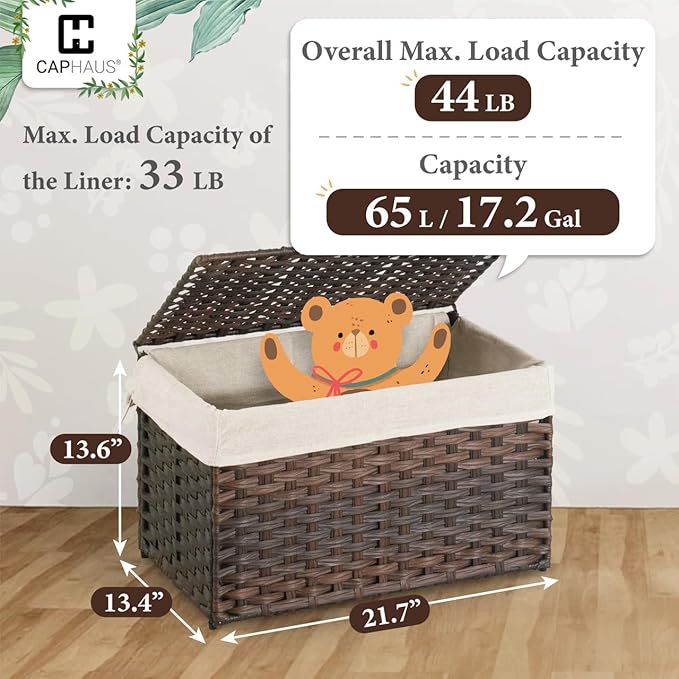 CAPHAUS Laundry Basket with Lid & Handles, Foldable Clothes Hamper, Large 65L Synthetic Rattan Storage Bin with 2 Removable Liner Bags, Collapsible Laundry Hamper, Brown
