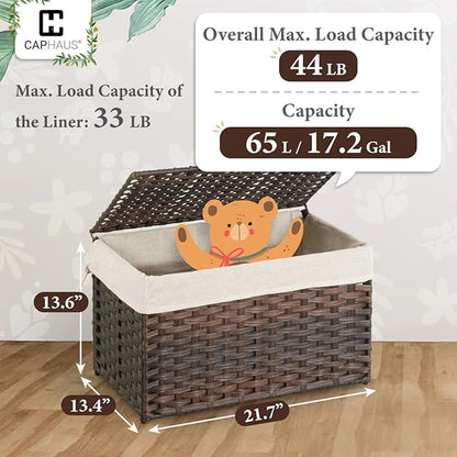 CAPHAUS Laundry Basket with Lid & Handles, Foldable Clothes Hamper, Large 65L Synthetic Rattan Storage Bin with 2 Removable Liner Bags, Collapsible Laundry Hamper, Brown