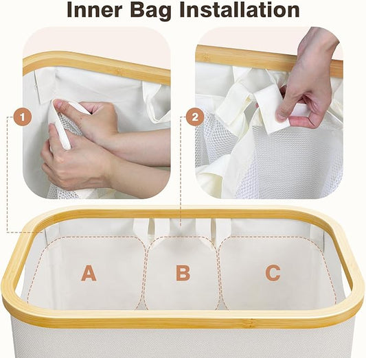 Extra Large 3 Section Dirty Clothes Laundry Basket with Lid, Dirty Clothes Hampers with Removable Bags for Bedroom and Laundry Room, Beige