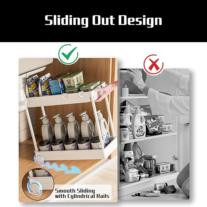 2 Pack Under Sink Organizer, 2 Tier Bathroom Cabinet Organizers and Storage with Hook, Multi-purpose Storage Basket Shelf for Kitchen (Frost White, 2 Pack)