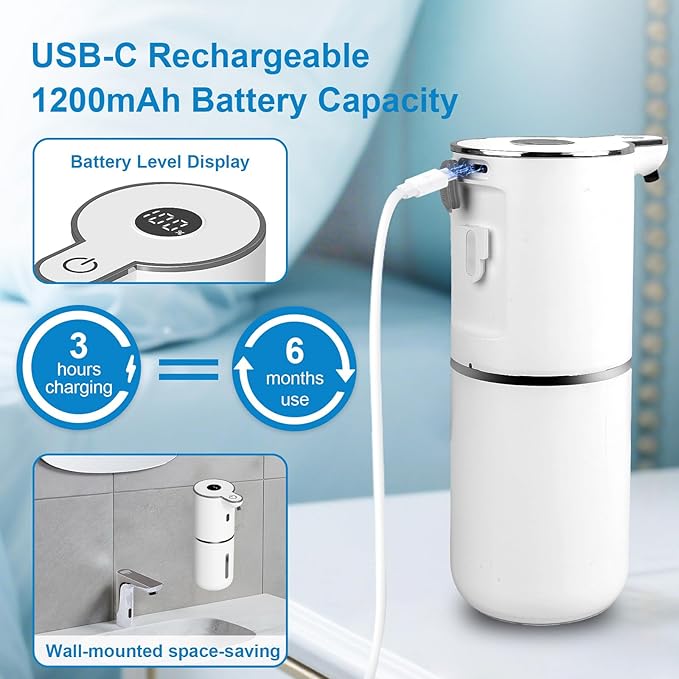 OHIFAST Automatic Liquid Soap Dispenser Touchless, USB Rechargeable Smart Hand Soap Dispenser, 6-Level Adjustable, 12.8oz/380mL Wall Mounted for Bathroom Kitchen Dish Soap-White