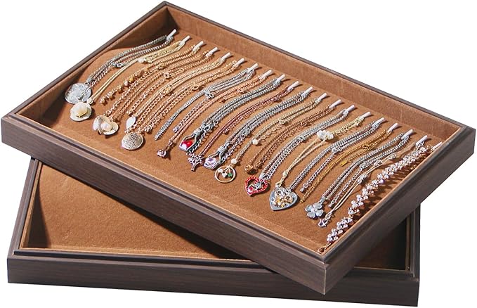 2Pcs/Set Necklace Display Stand, Stackable Necklace Holder for Drawer, Wooden Jewelry Organizer Trays for Store Selling or Home Show