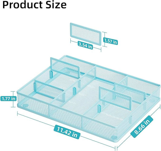Marbrasse Desk Drawer Organizer, Metal Mesh Drawer Organizer Tray with 5 Adjustable Compartments,Desk Organizers and Accessories for Home,Office,Kitchen,Makeup,Vanity (Blue)