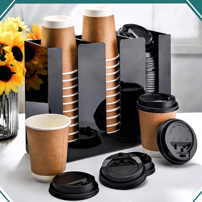 Cunhill 3 Compartments Acrylic Coffee Cup and Lid Dispenser Organizer Disposable Paper Cup Holder Coffee Shop Supplies Holder Storage for Station Home Countertop Bar Kitchen Party(Black)