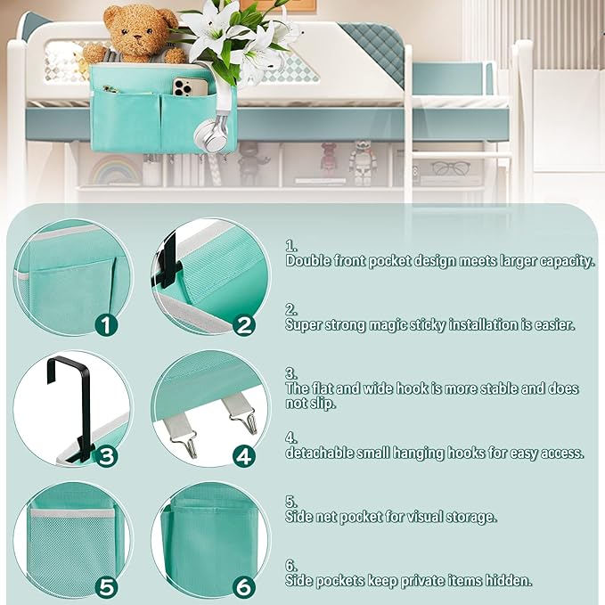 Frjjthchy Bedside Storage Organizer 5 Pockets with 4 Hooks Hanging Storage Bag for Headboards/Bunk Bed (Light Green)