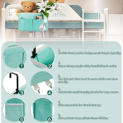 Frjjthchy Bedside Storage Organizer 5 Pockets with 4 Hooks Hanging Storage Bag for Headboards/Bunk Bed (Light Green)