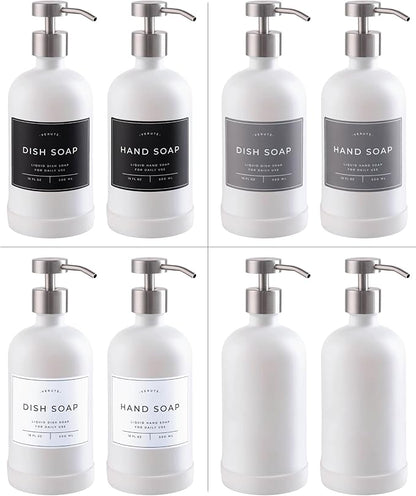Hand and Dish Soap Dispenser for Kitchen and Bathroom, Set of 2 16 Oz Glass Bottles, Stainless Steel Pumps, Non-Slip Silicone Base, 27 Waterproof Labels (Matte White Bottle/Brushed Silver Pump)