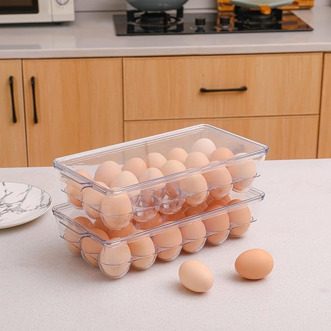 Sooyee 2 Pack Egg Holder for Refrigerator, Plastic Egg Storage Container, Fridge Egg Organizer, Clear Refrigerator Organizer Bins with Lids, Stackable Tray Holds 18 Eggs