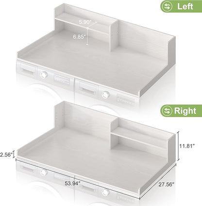 Washer Dryer Countertop, White - 2-Tier Wood 54" x 27.5" Laundry Topper with Safety Guard & Non-Slip Pads, Over The Washer Dryer Folding Shelf for Maximum Space Saving & Organization