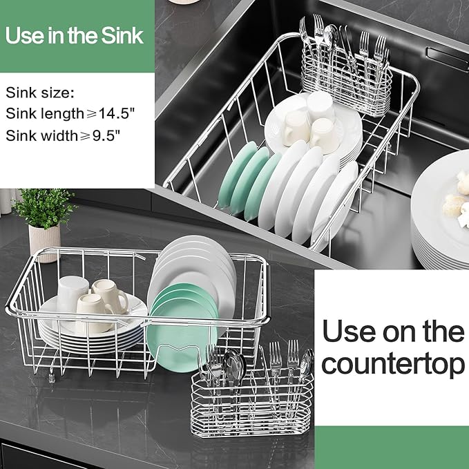 SwetLao Dish Drainer Rack in Sink Adjustable, Expandable 304 Stainless Steel Metal Dish Drying Rack Organizer with Stainless Steel Utensil Holder Over Inside Sink Counter, Rustproof