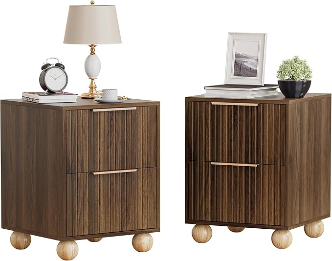 HOCAT Fluted Nightstand Set of 2, Walnut Finish Bedside Table with Spacious Storage Drawers, Night Stand with Solid Wood Round Legs for Bedroom, End Table, Side Table