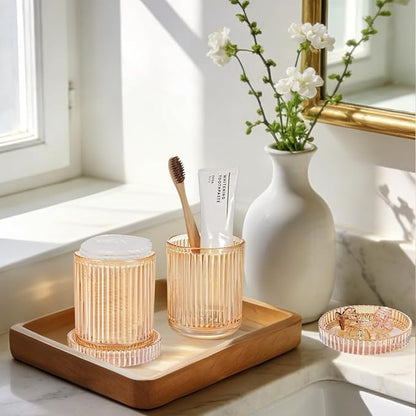 SheeChung 4-Pack Amber Glass Apothecary Jars - Vintage Sunburst Bathroom Organizer Set - Qtip Holder Dispenser, Cotton Swab Ball Pad Storage - Luxury Farmhouse Vanity Canisters