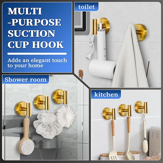 warlve Heavy Duty Reusable Suction Cup Hooks for Shower - No Drill Bathroom/Glass/Mirror/Tiles & Metal Surfaces,and Smooth Non-Porous Surfaces for Towels, Robes, Loofahs (4, Brushed Gold)
