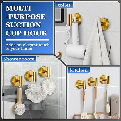 warlve Heavy Duty Reusable Suction Cup Hooks for Shower - No Drill Bathroom/Glass/Mirror/Tiles & Metal Surfaces,and Smooth Non-Porous Surfaces for Towels, Robes, Loofahs (4, Brushed Gold)