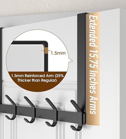 KitchLife Over The Door Hooks Hanger with 15.75 inches Extended Arms, Fit for 1-3/8" Doors, J40U, Thickened Bathroom Towel Rack Organization, 1 Pack Double-Hook, Matte Black