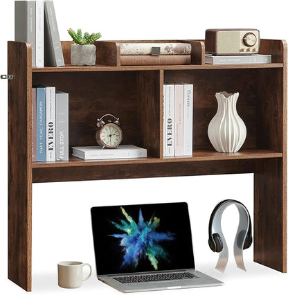 Desktop Bookshelf, Wooden Desk Storage Hutch with 5 Shelves, 3-Tier Desktop Display Organizer Rack for Office Home (Brown, 5 Shelves B)
