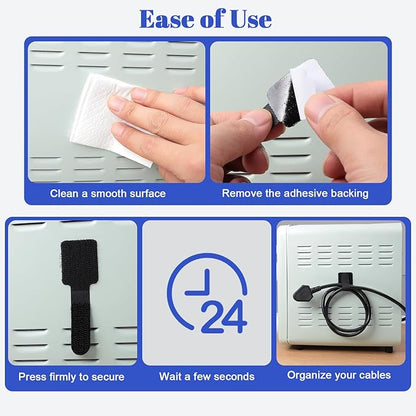100 Pcs Hook and Loop Cable Ties, Self Adhesive Cable Management Under Desk Cable Straps, Adjustable Cord Organizer for Desk Home Office Organization (Black)