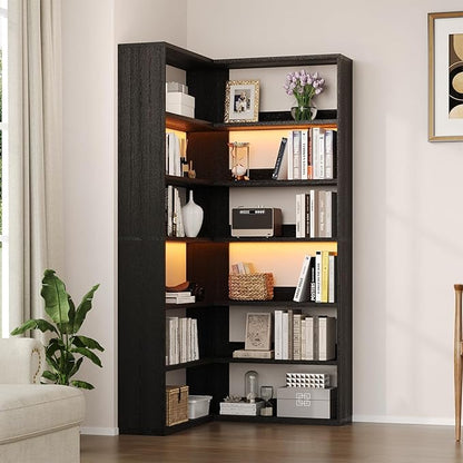 4 EVER WINNER Corner Book Shelf with LED Lights, 71” High Coner Bookshelf with Storage for Living Room, Study Room, Modern Storage Display Industrial L Shaped Bookshelf, Black
