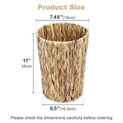 Water Hyacinth Wicker Trash Can, Handwoven Natural Fiber Waste Basket, Small Boho Decorative Garbage Bin for Bathroom, Bedroom, Office, 7.5"×6.5"×11"