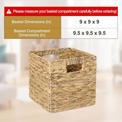 4 Pack 9in Wicker Storage Cubes, Water Hyacinth Baskets, Foldable Wicker Baskets, Storage Basket with Built-in Handles, Handwoven Natural Basket for Shelves, Outdoor