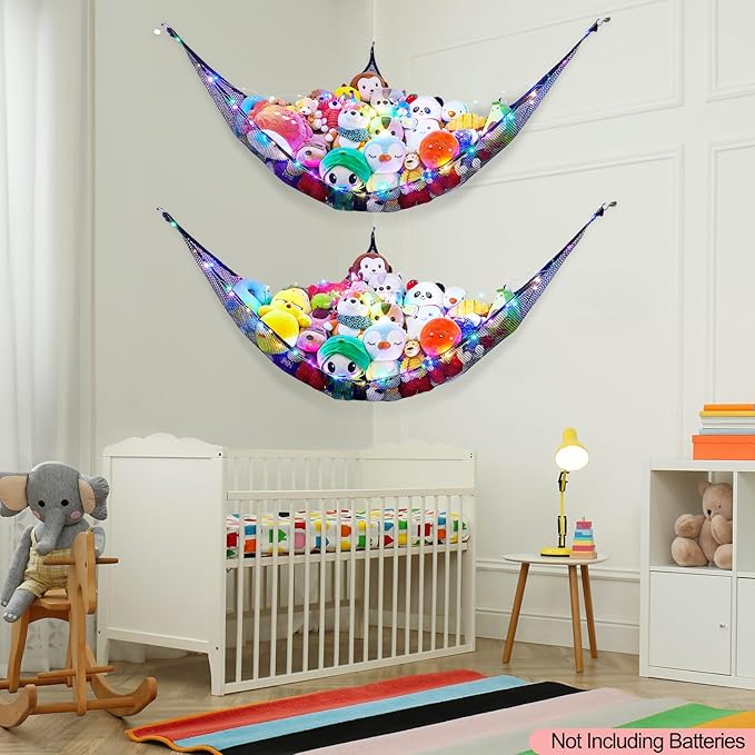 Unicorn Castle Stuffed Animals Net or Hammock Kids Toy Storage Organizer with LED Light Hanging Corner Stuffed Animals Holder Kids Girls Room Decor,Black,Large (Pack of 2)