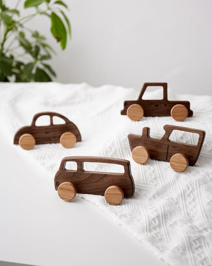 Kids Coat Hooks Wall Mount, Walnut Car-Shaped Coat Rack Heavy Duty for Bathrooms,Kids’ Room,Door,Nursery,Entryway, 4 Pack Wood Wall Hooks for Hanging Hats,Backpacks,Towels,Keys&Clothes