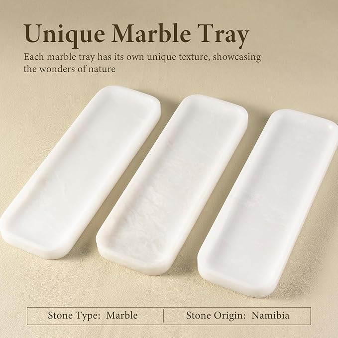 Koville Marble Tray, 12"x4" Marble Vanity Tray for Bathroom Kitchen Countertop Sink, Natural Stone Tray for Home Decor, Decorative Rectangular Narrow Catchall Tray for Jewelry(Namibia Bianco)