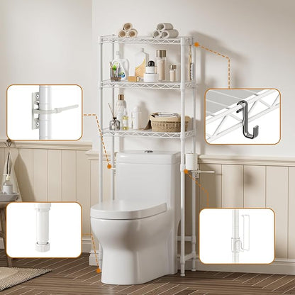 Golpart Over The Toilet Shelf,3-Tier Adjustable Freestanding Metal Bathroom Organizer Shelves with Toilet Paper Holder & Hooks,Space-Saving for Narrow Small Bathroom,10”D x 24”W x 66”H,White