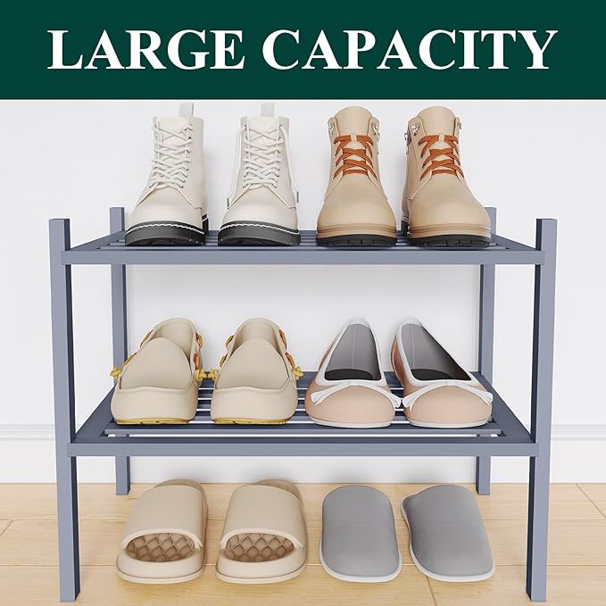 Smiry Small Bamboo Shoe Rack 2-Tier, Stackable Wooden Shoe Organizer for Entryway & Closet, Free Standing Wood Shoe Storage Shelf for Front Door & Small Spaces, Grey