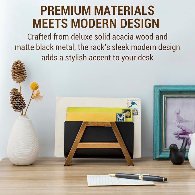 MyGift Modern Desktop Mail Holder, Urban Solid Acacia Wood and Matte Black Metal Tabletop Letter Sorter
