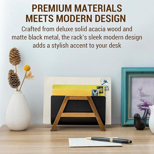 MyGift Modern Desktop Mail Holder, Urban Solid Acacia Wood and Matte Black Metal Tabletop Letter Sorter