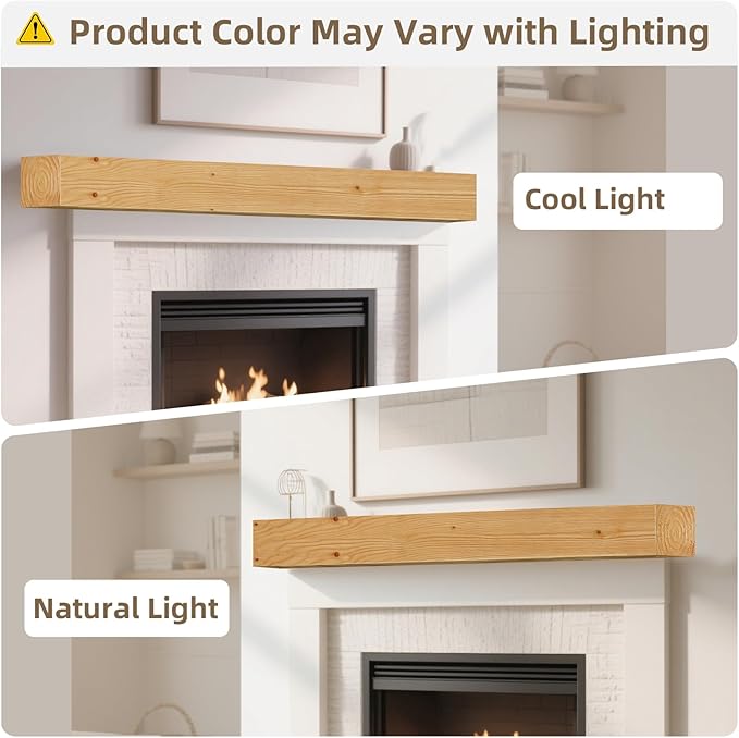 ROOMTEC Fireplace Mantel,60" DIY Wood Floating Fireplace Shelves,Wall Mounted Wooden Display Shelving,Handcrafted Wood Brack,Natural Mantels Over Fireplace | 60" x 8" x 5"-Natural Wood